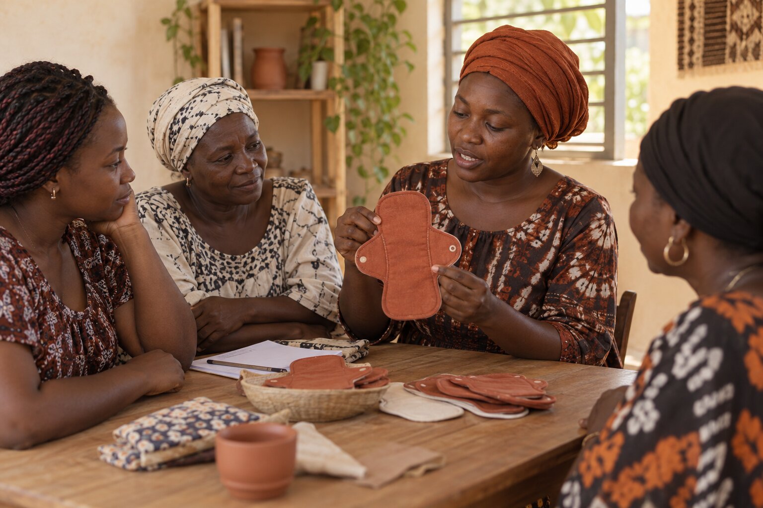 Illustration d’une discussion entre femmes autour des protections textiles